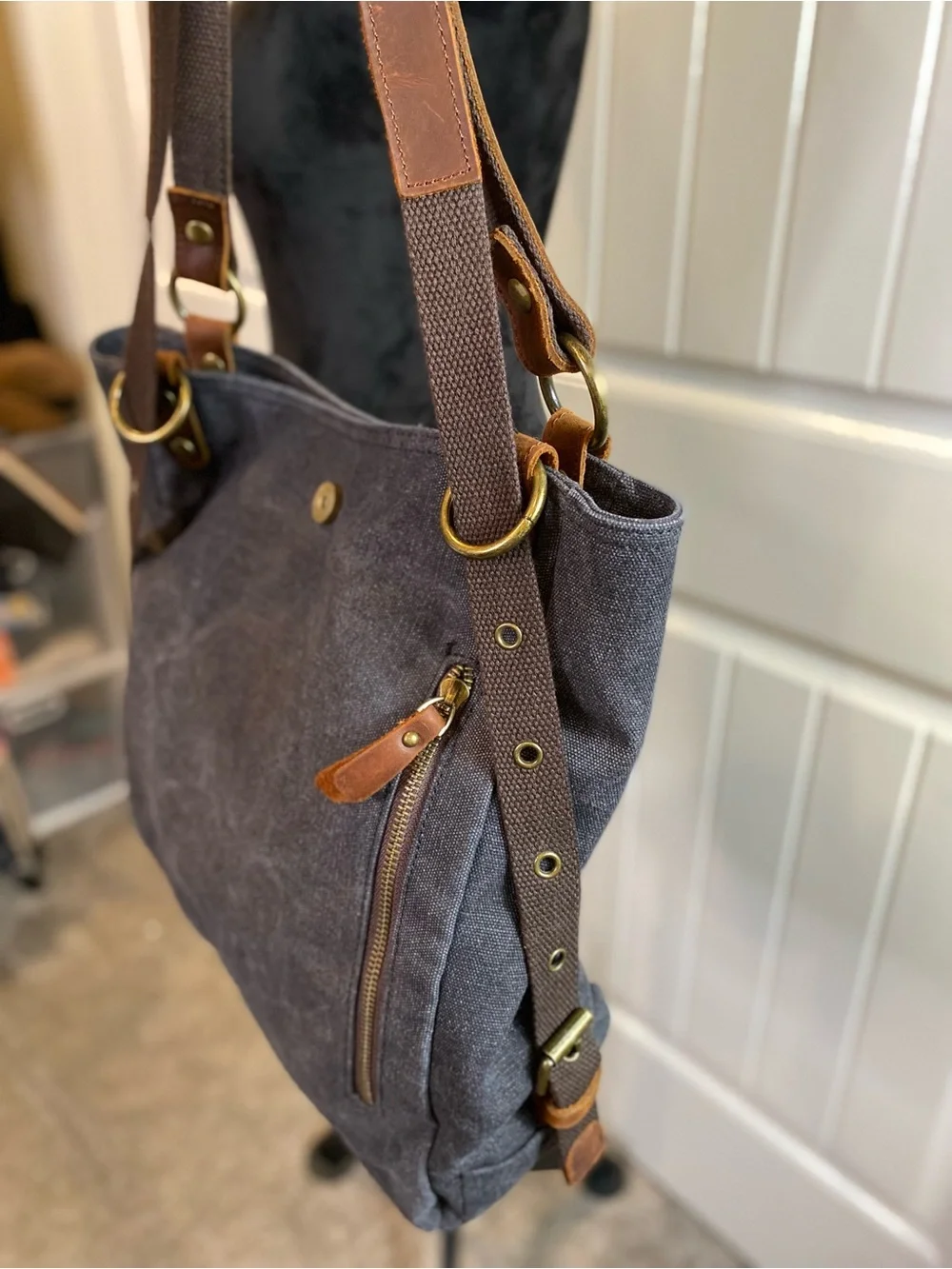 Gray Canvas Messenger Bag with Brown Leather Trim